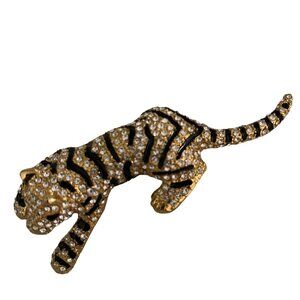Vintage Signed Giovanni 18kt Gold Plated Rhinestone Tiger Cat Brooch Pin